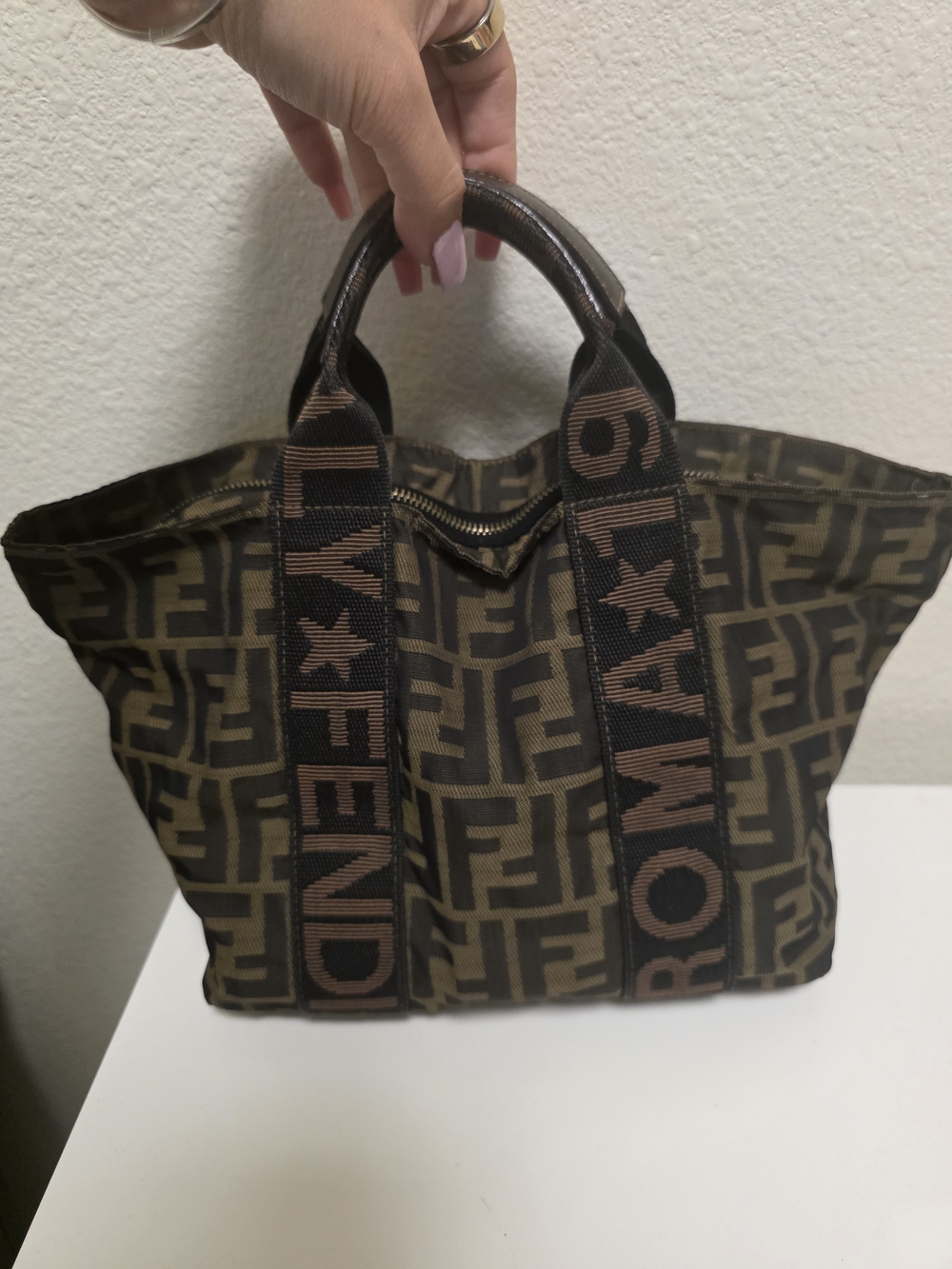 Fendi Brown Zucca Canvas Tote with Logo Webbing COA included